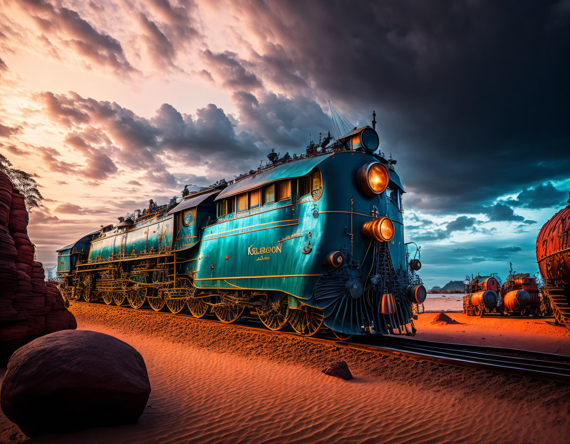 Vintage Blue Train with Glowing Headlights on Desert Tracks at Dusk