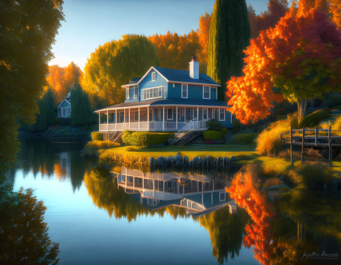 Tranquil autumn scene: serene lake, cozy house, fall foliage, golden light