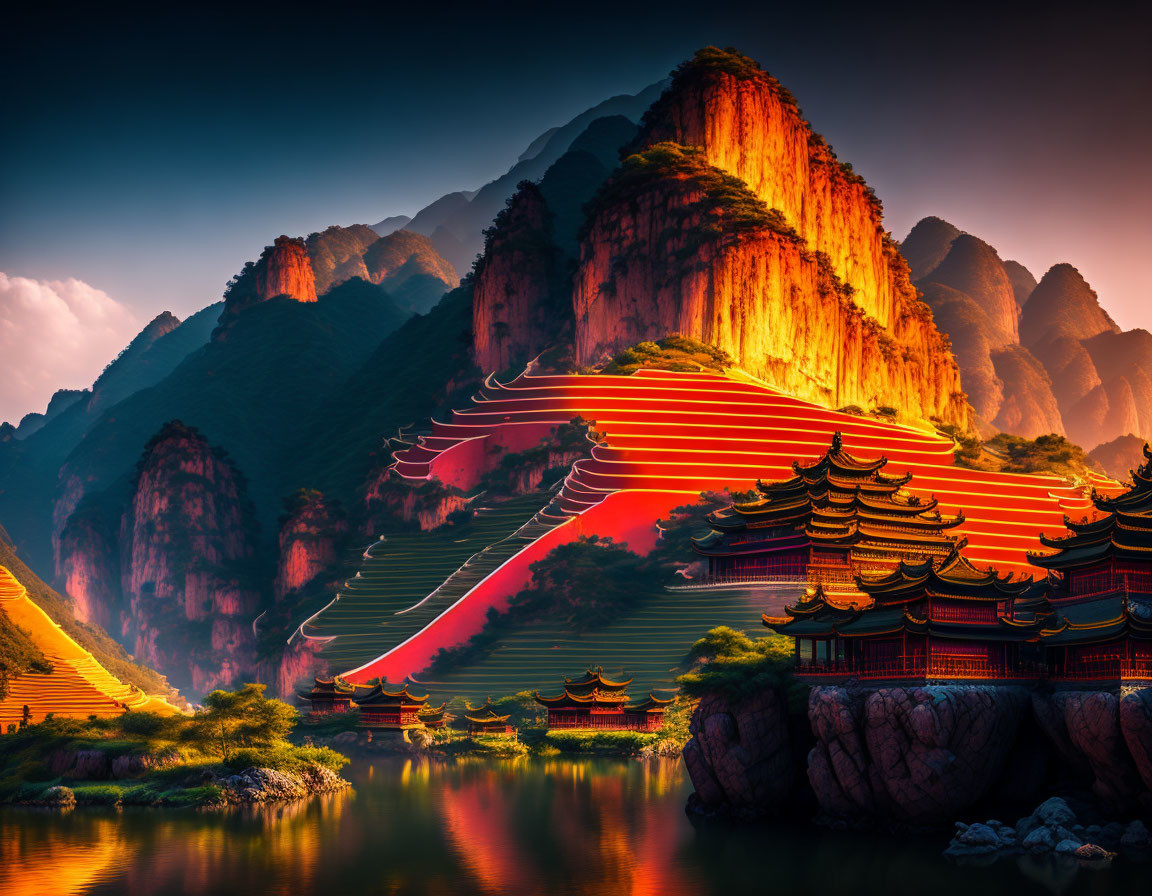 Traditional pagoda-style buildings against sunlit cliffs and serene lake.