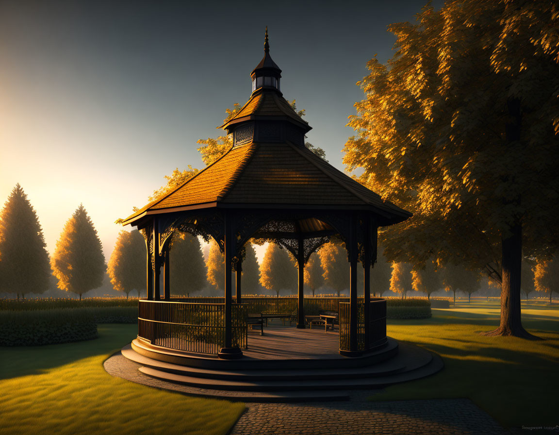 Sunlit Gazebo in Serene Park with Lined Trees