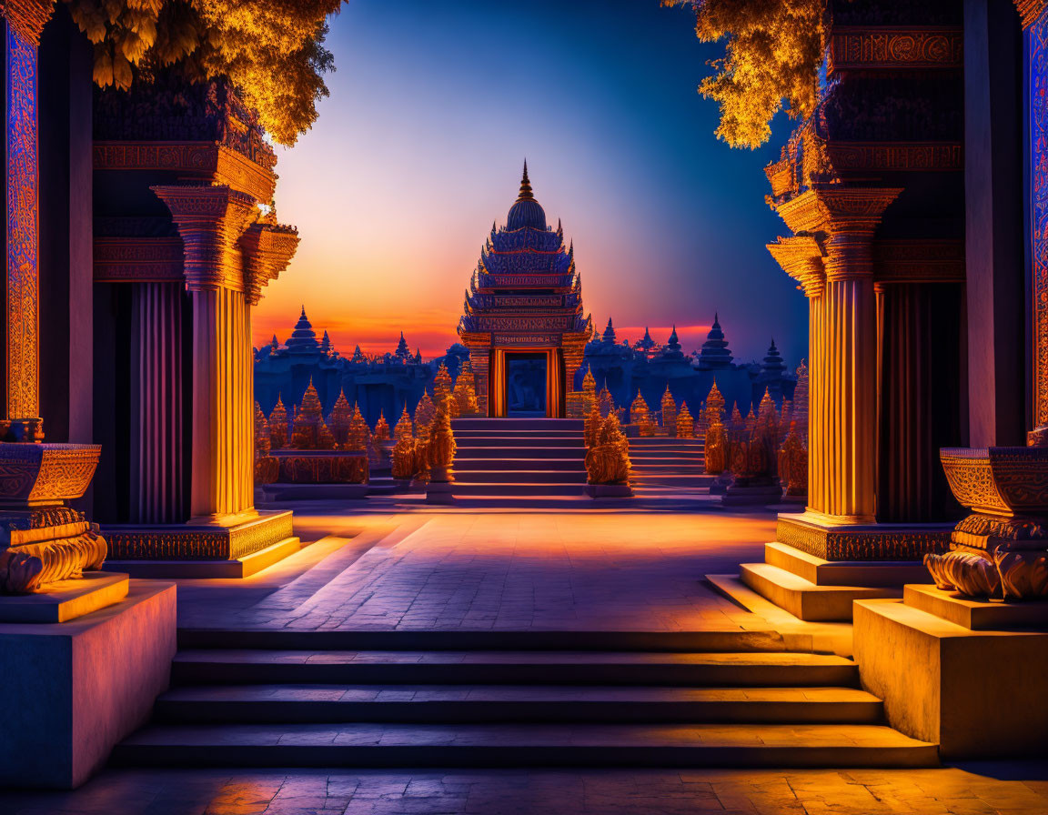 Intricately decorated temple against vivid sunset sky