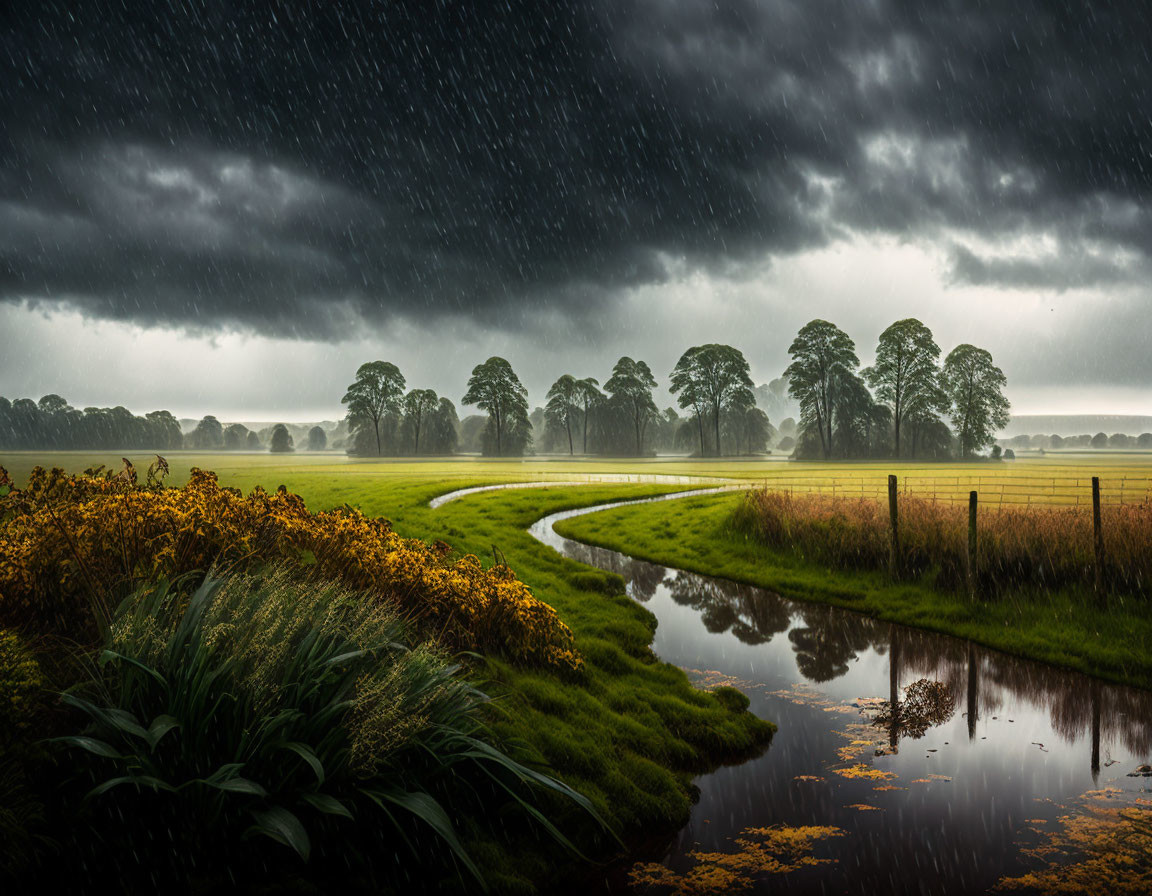 Winding River Reflects Moody Sky with Rainfall and Vibrant Fields