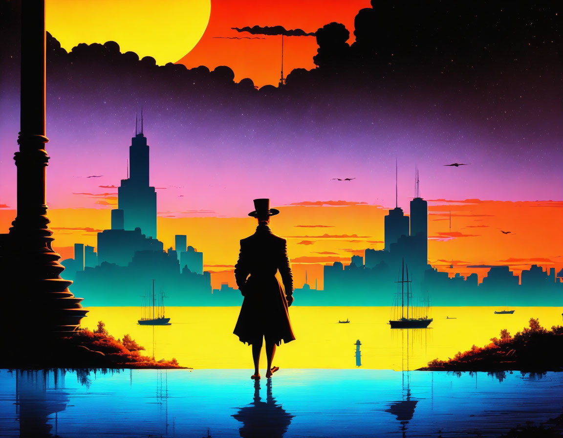 Person's Silhouette Against Vibrant Sunset & City Skyline