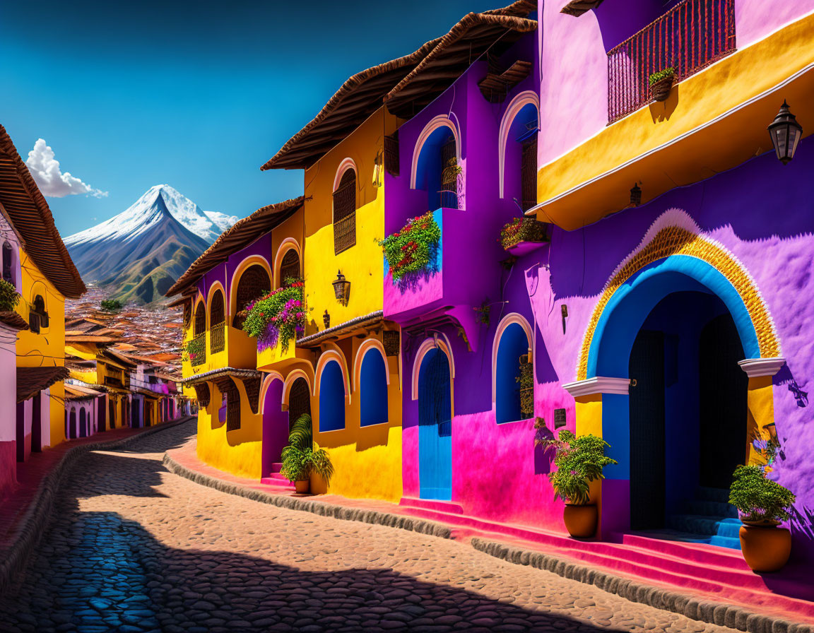 Colorful Houses and Volcano on Vibrant Street Scene