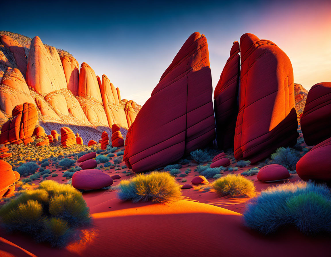 Colorful Desert Sunset with Red Sand and Rock Formations