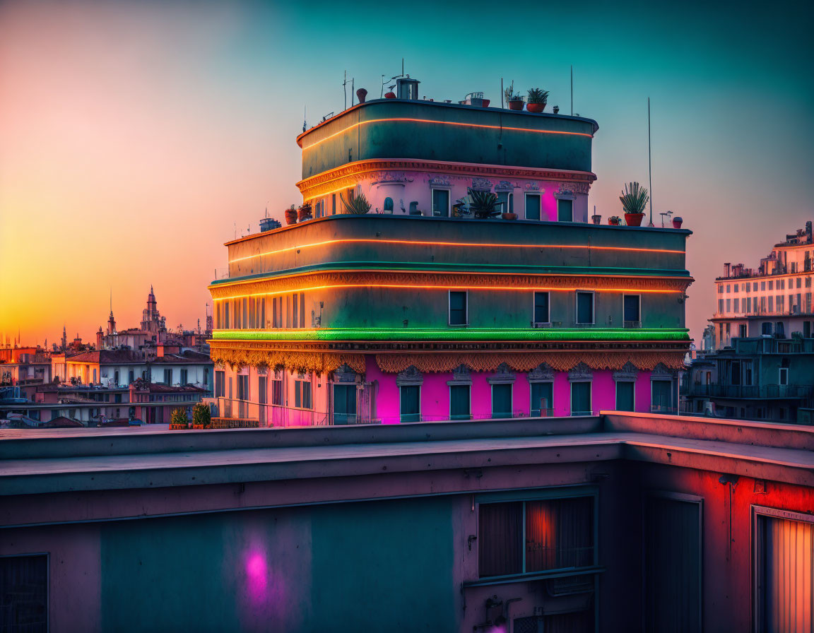 Colorful Lights Illuminate Art Deco Building at Sunset