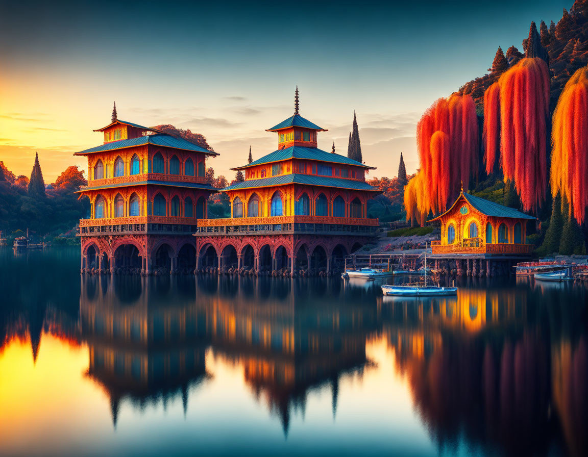 Asian-style Buildings by Serene Lake at Sunset amid Autumn Trees