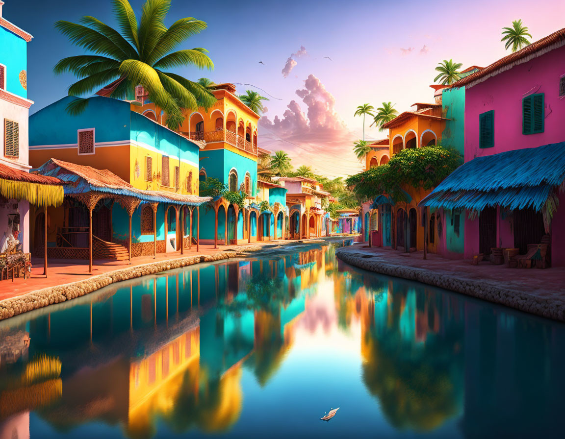 Vibrant sunset scene: Colorful buildings by calm canal with reflections