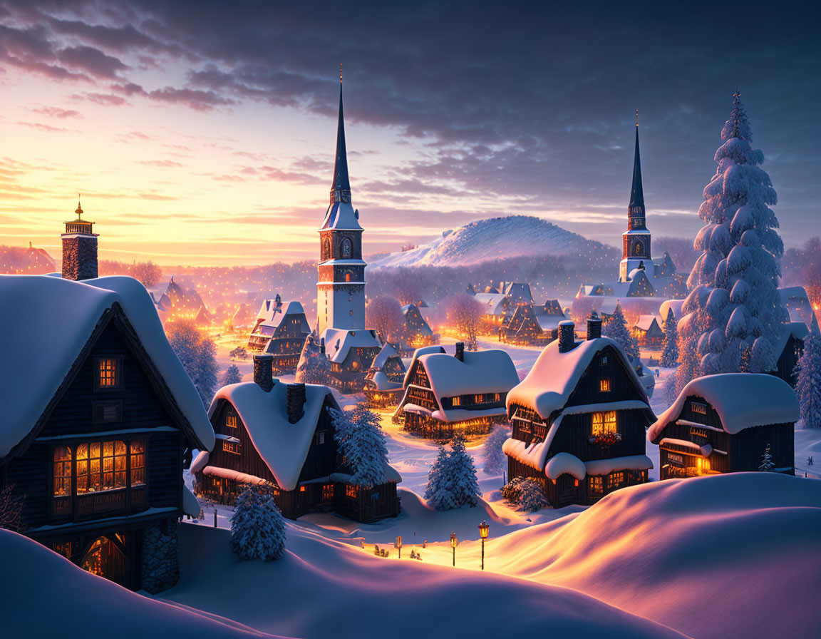 Snowy village at dusk: Warmly lit houses, snow-covered roofs, three church spires.