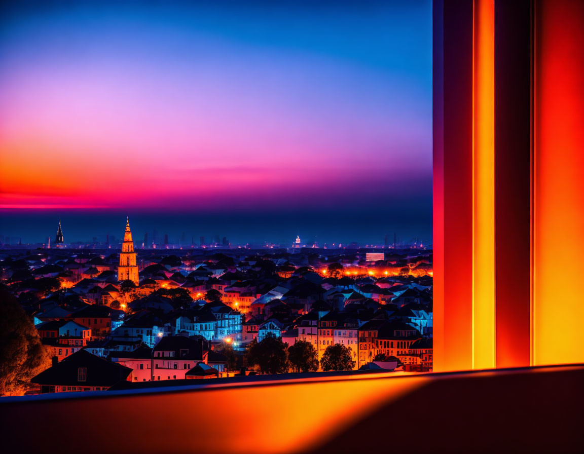 Cityscape at Twilight: Vibrant Gradient Sky over Silhouetted Buildings