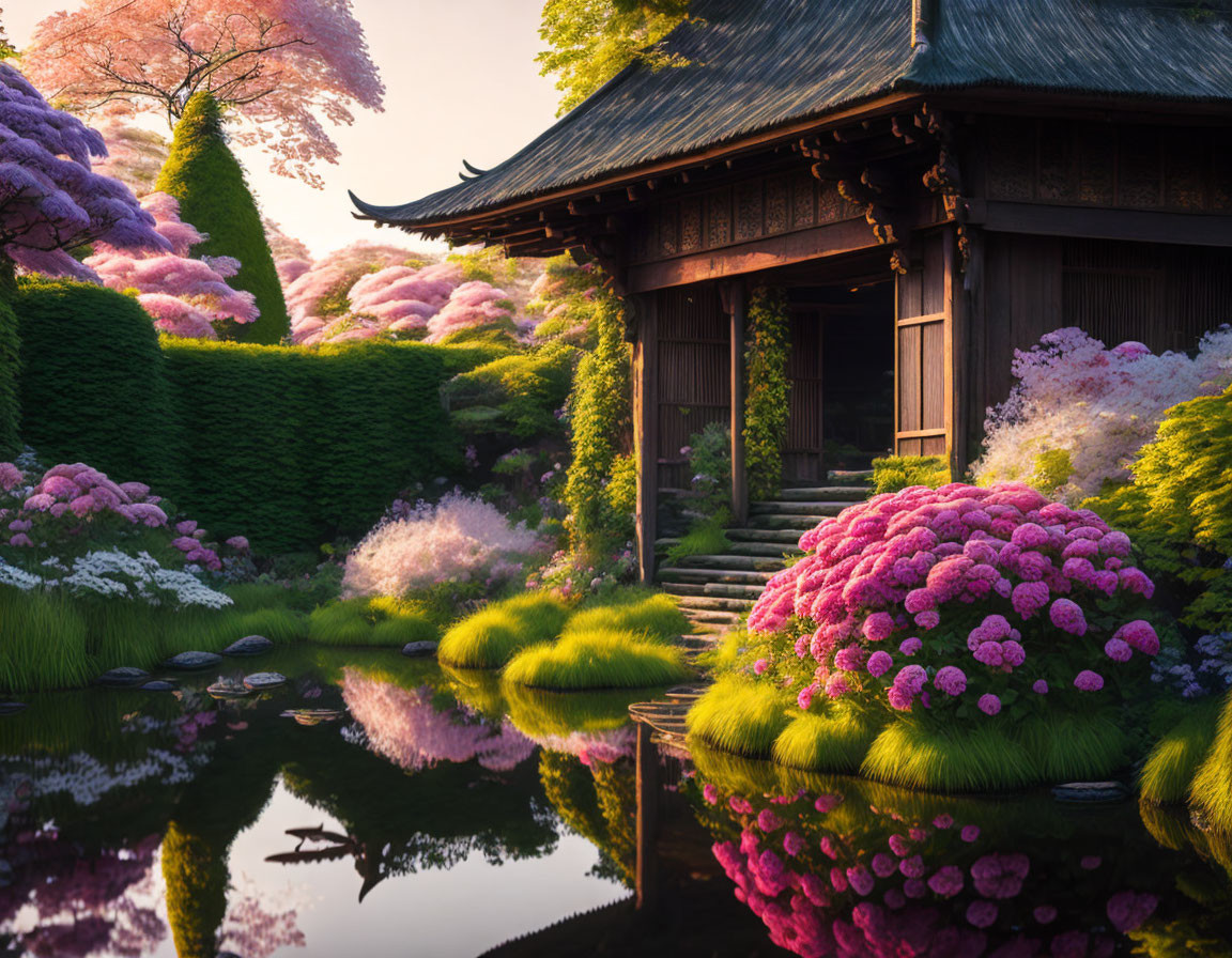 Japanese building with cherry blossoms in garden at sunset