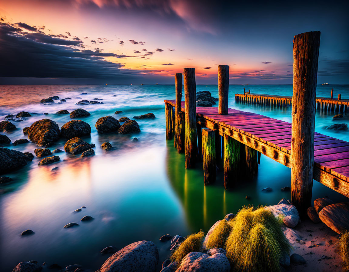 Scenic sunset over serene beach with wooden pier and marine life.