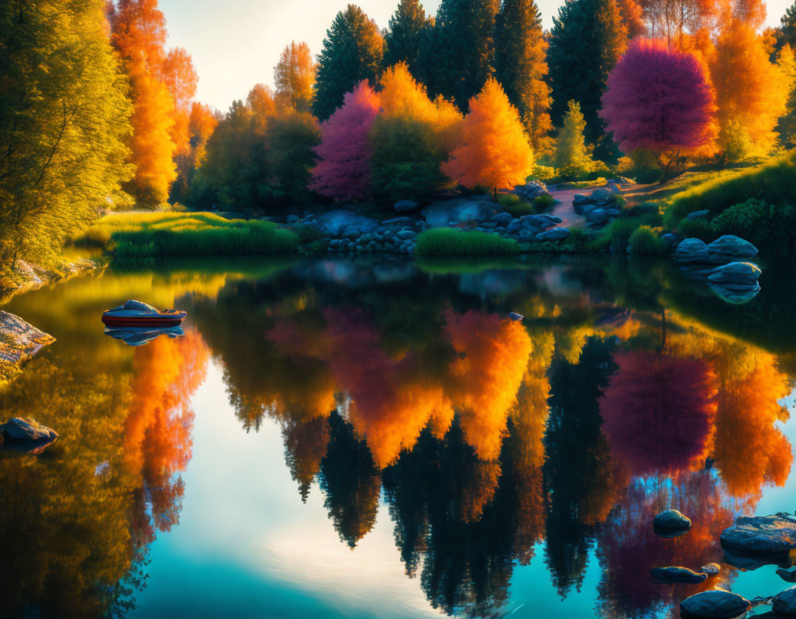 Autumn landscape: vibrant trees, calm water, lone boat at dusk or dawn