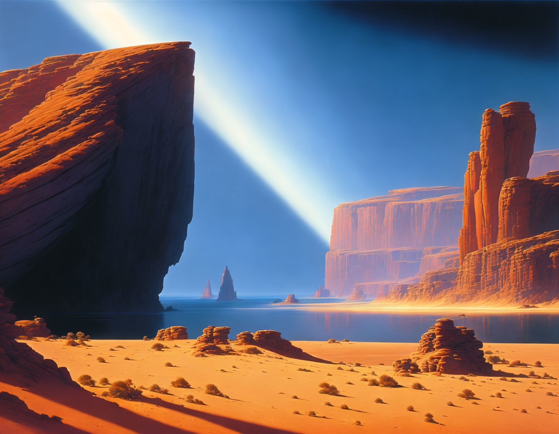 Majestic desert landscape with red rock formations, waterbody, and sunbeams.