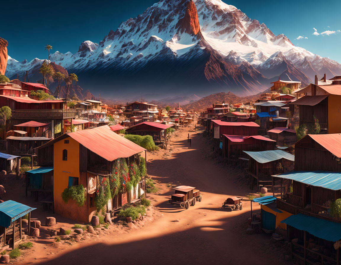 Colorful Village with Rustic Houses and Snow-Capped Mountains