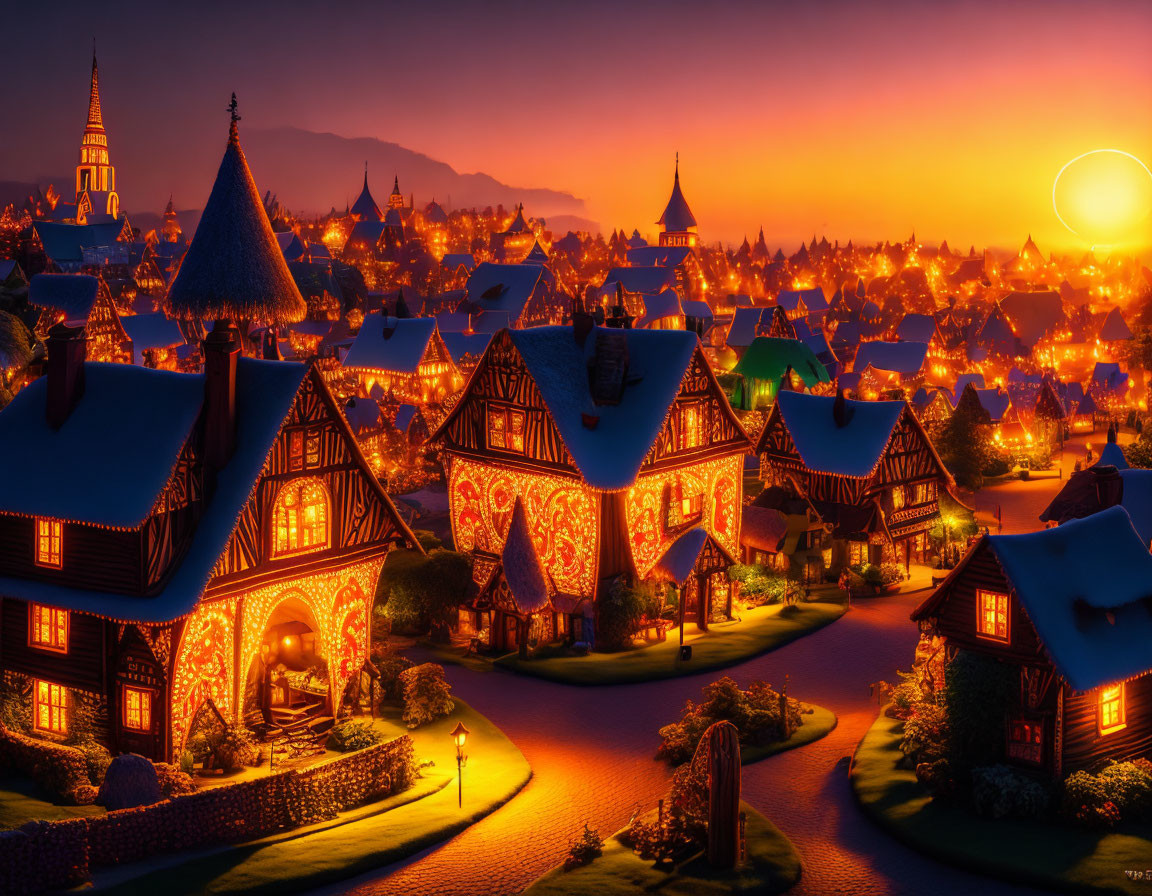 Charming Tudor-style village at sunset with warm lighting