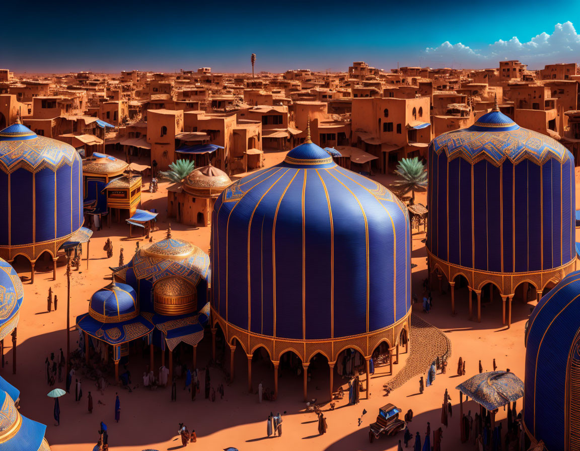 Desert city market with blue domes and clay buildings