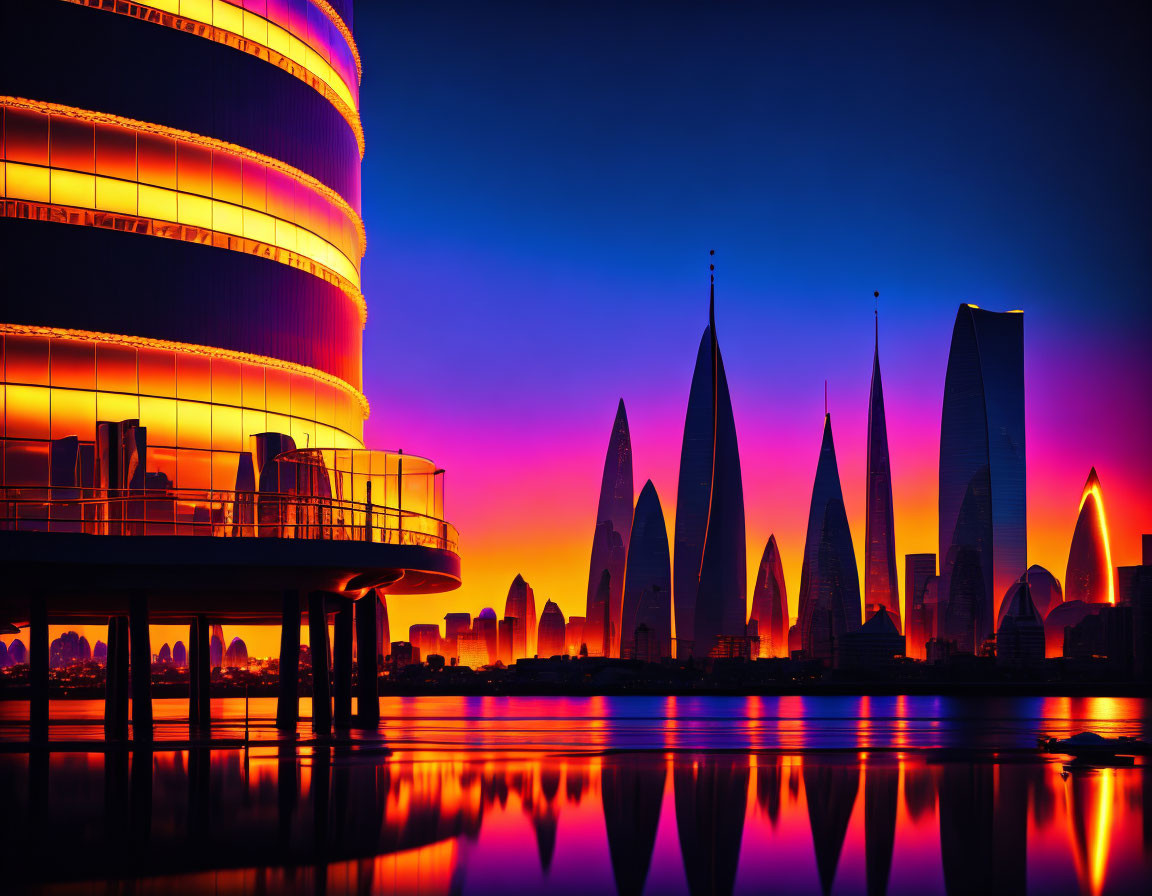 Futuristic cityscape at sunset with unique skyscrapers and reflective waterfront