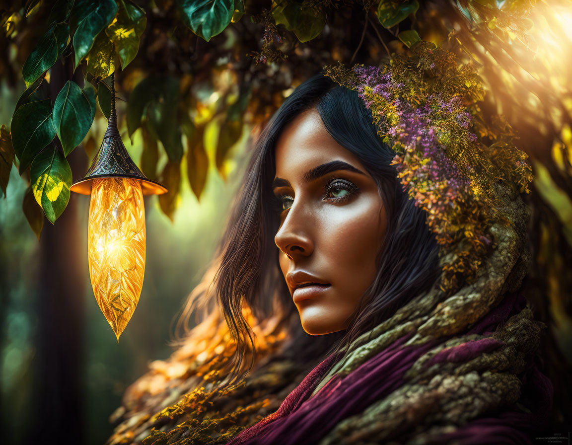 Woman with Striking Features Surrounded by Nature and Glowing Lantern