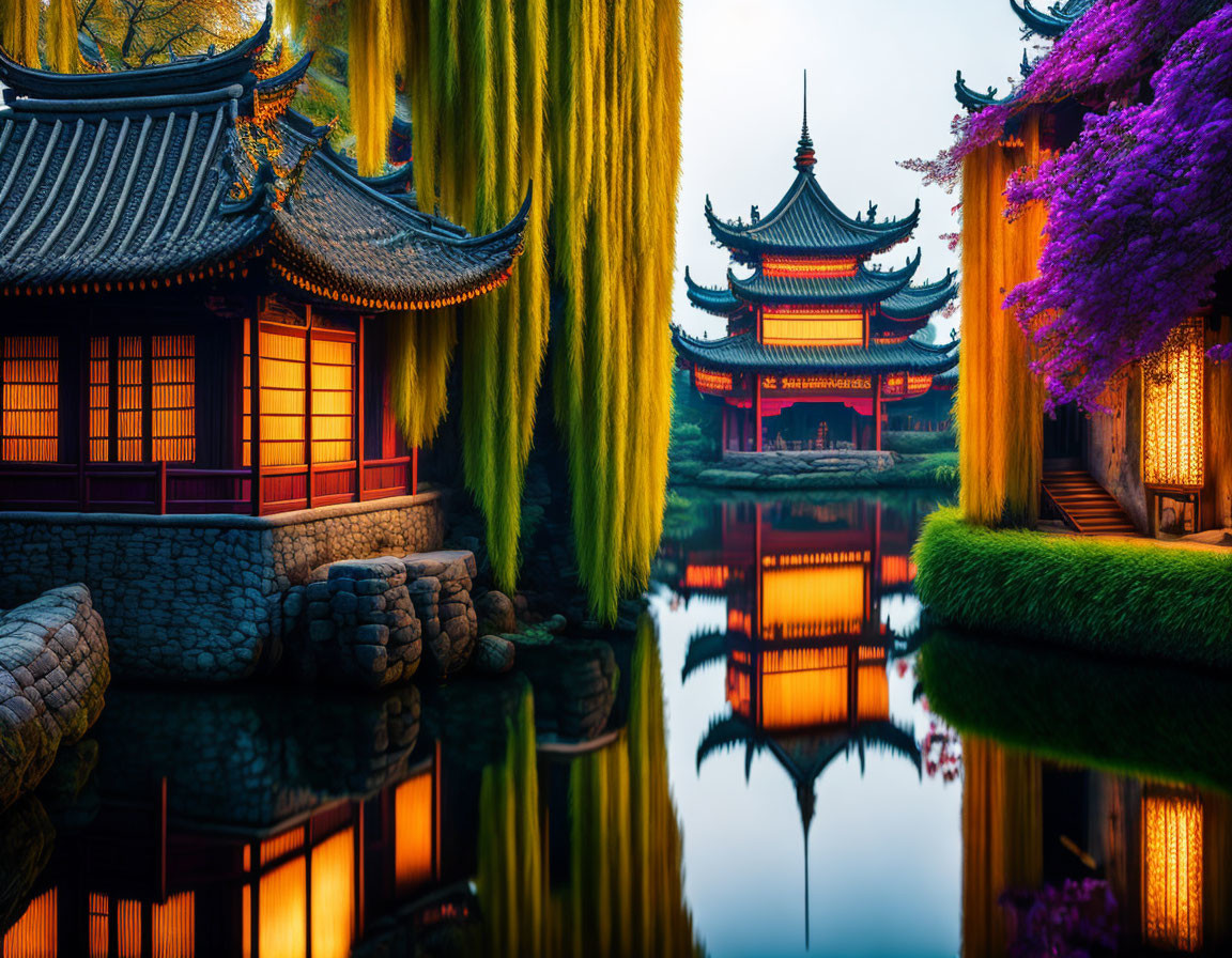 Traditional Asian Architecture with Red Lanterns and Reflective Pond