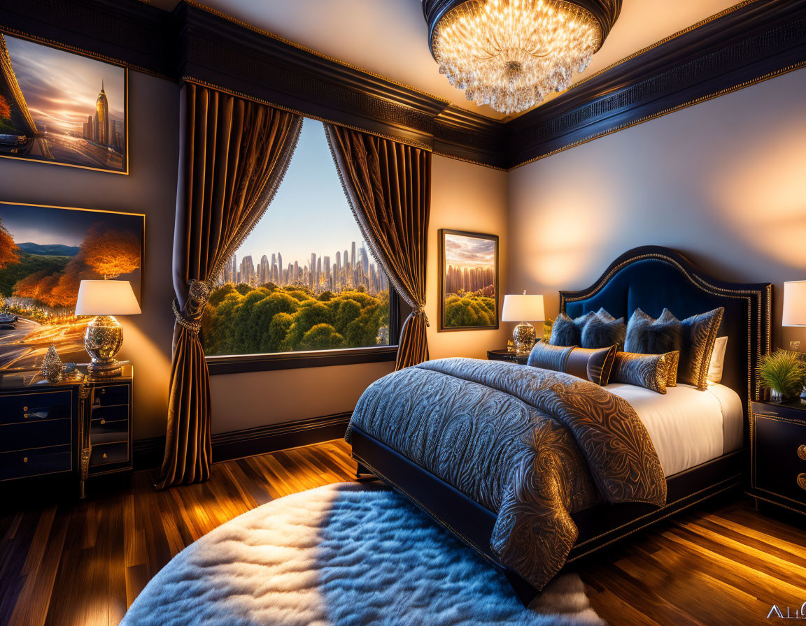 Elegant Bedroom with Ornate Ceiling Light and City View