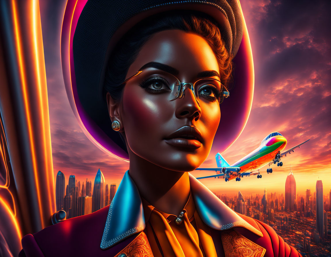 Digital portrait of woman with glasses in sunset cityscape with airplane.