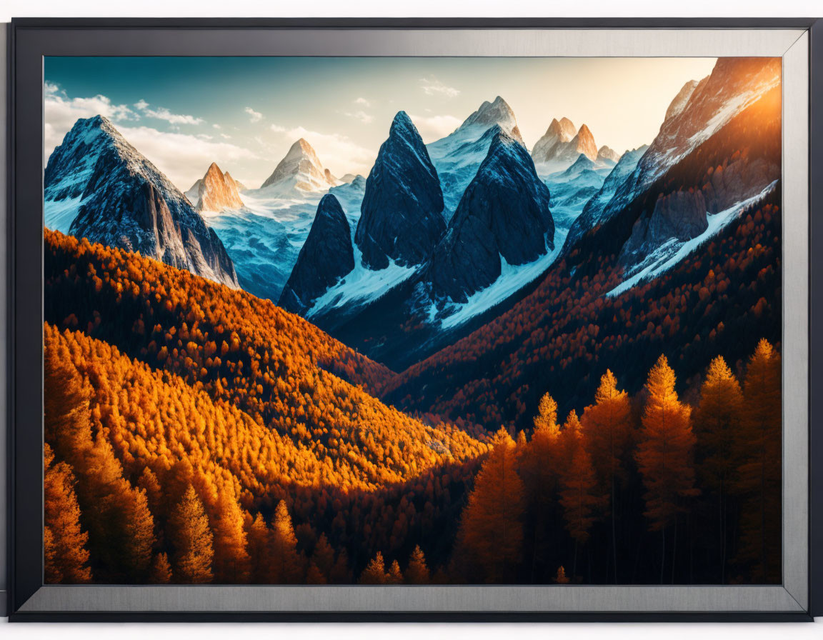 Autumn Forest and Mountain Range in Golden Sunlight