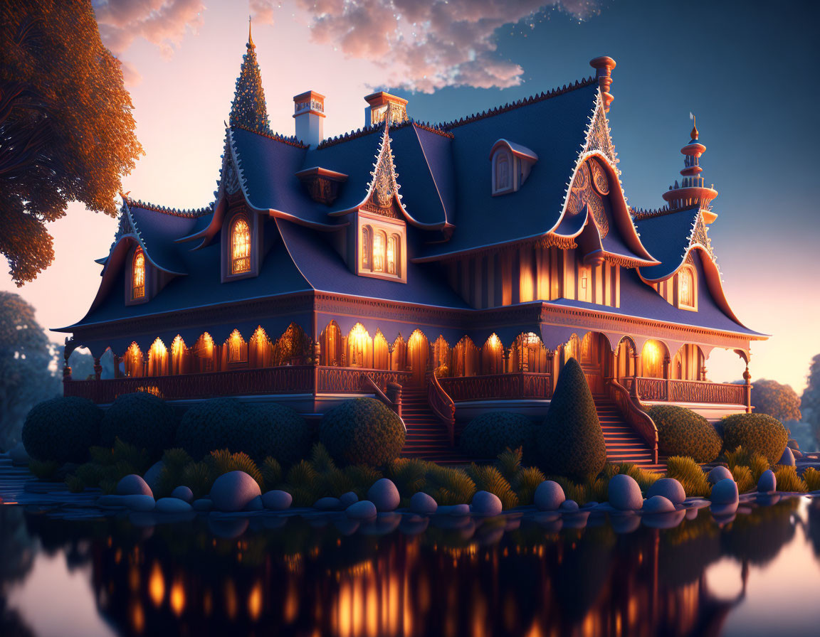 Victorian-style house with ornate roofs and festive decorations by twilight pond