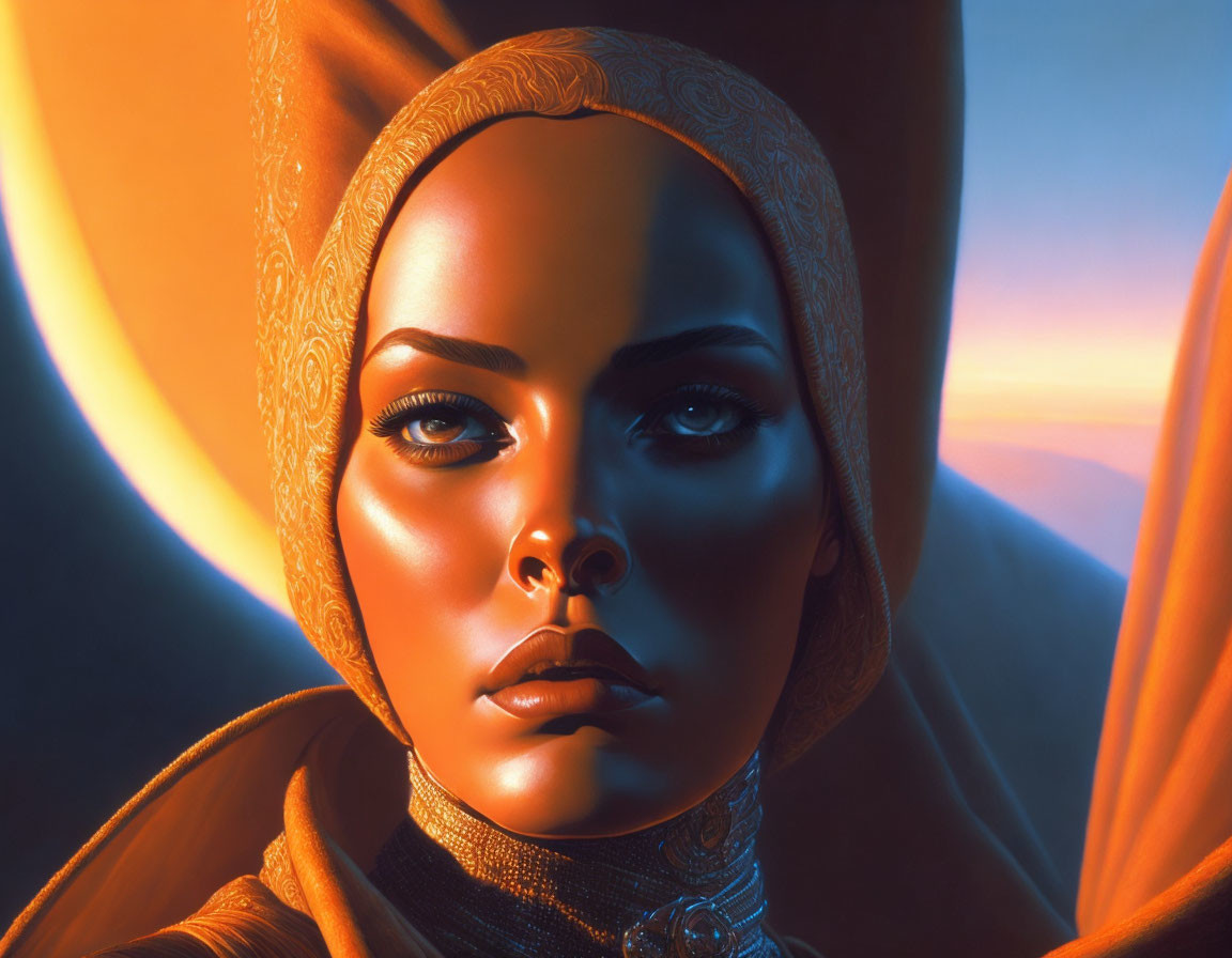 Close-up digital artwork of woman with headscarf and intense gaze on orange-toned backdrop.