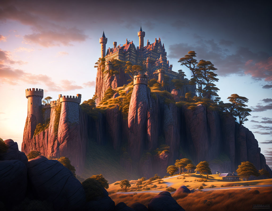 Majestic castle on steep cliffs with lush trees at sunset