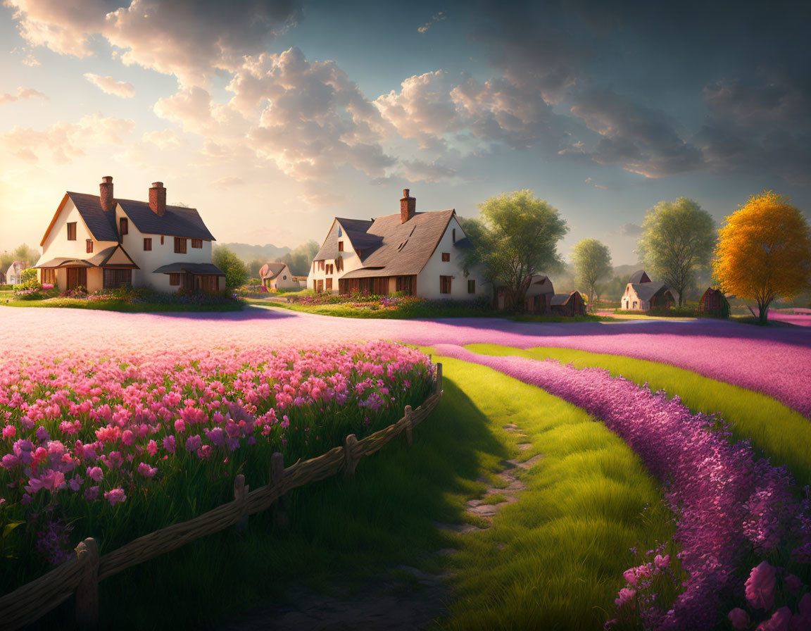 Rural landscape with quaint houses and blooming fields