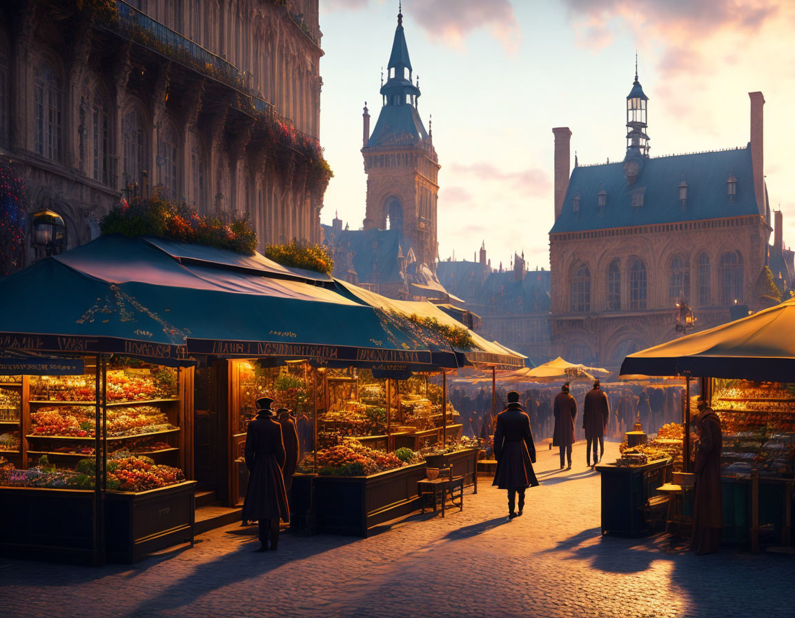 European Street Market at Sunset with Historic Buildings and Stalls