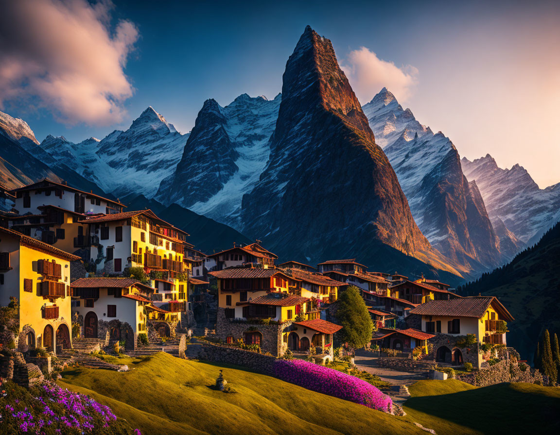 Scenic alpine village with traditional chalets, vibrant flowers, and dramatic mountain peak at sunset