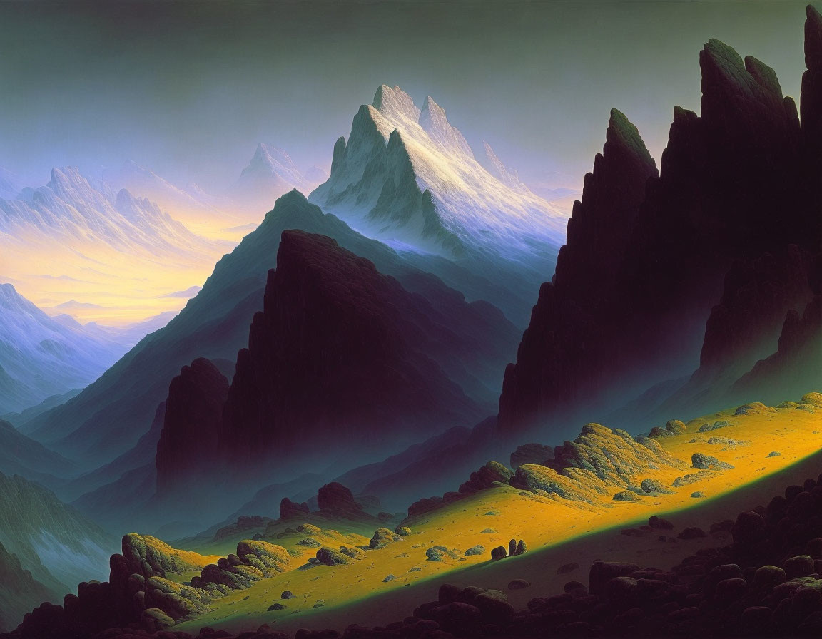 Scenic landscape with green fields, dark rocks, and snowy peaks at dusk