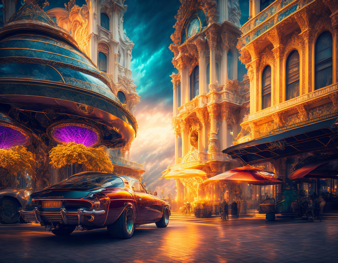 Classic Car on Cobblestone Street Amid Gilded Buildings and Neon Lights at Twilight