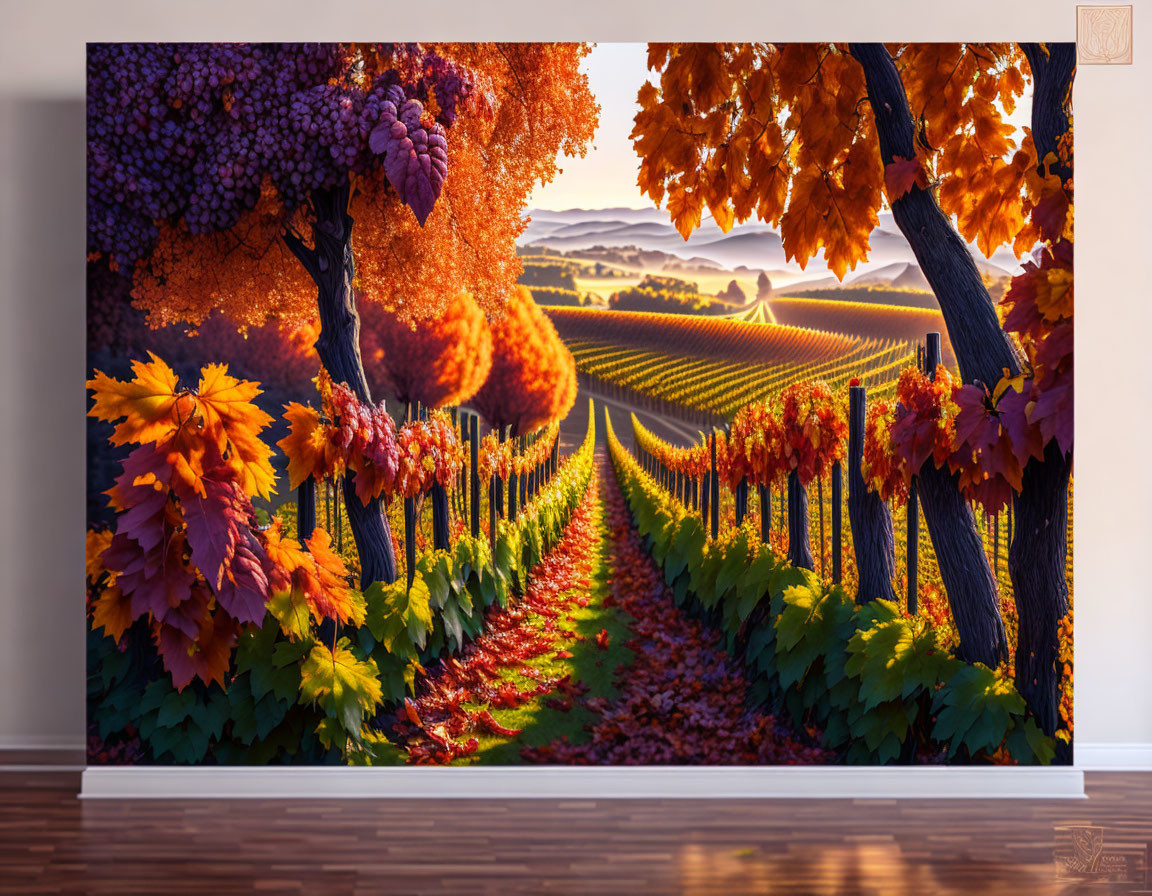 Autumn Vineyard Scene Wall Art Canvas - Grapevines, Golden Leaves, Rolling Hills