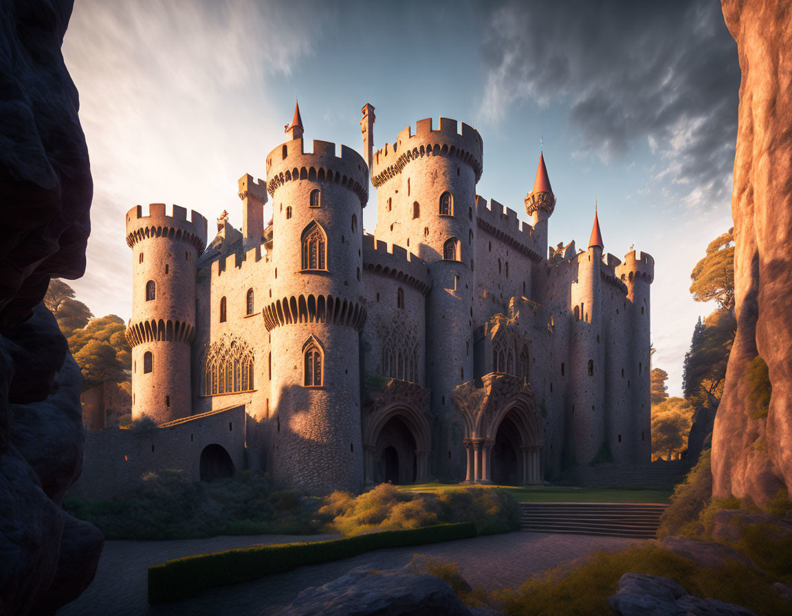 Stone castle with turrets and towers against warm sky, nestled among rocky outcrops.