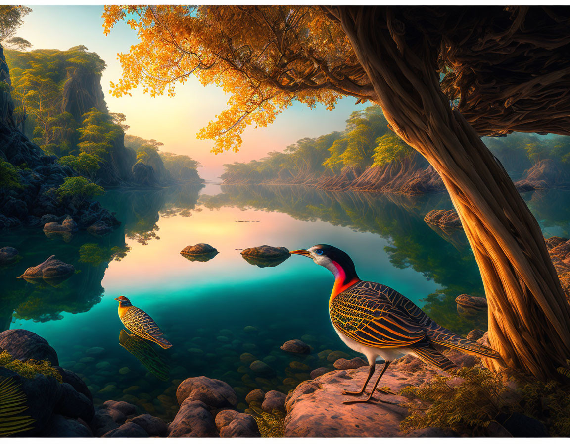 Tranquil river landscape with exotic bird and lush foliage