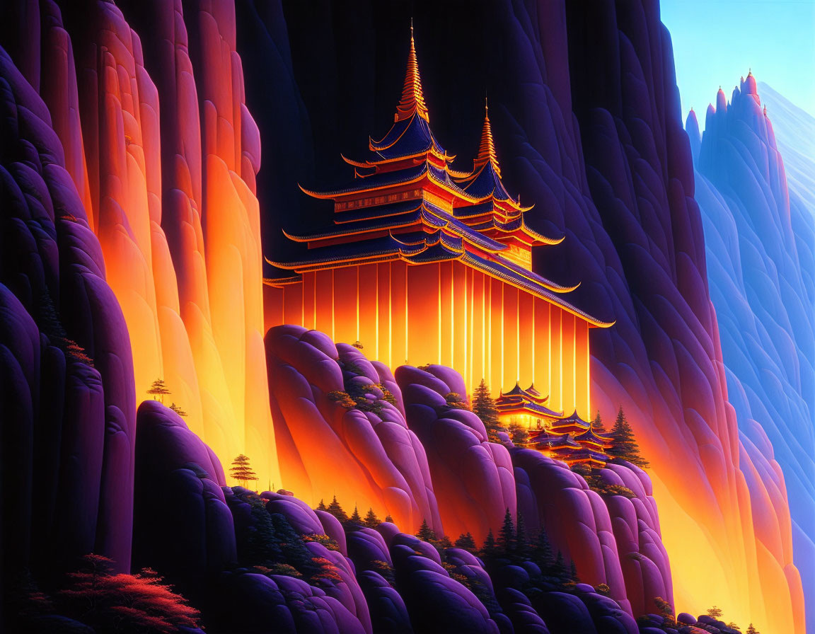 Traditional Asian temple on glowing orange cliffs at sunset