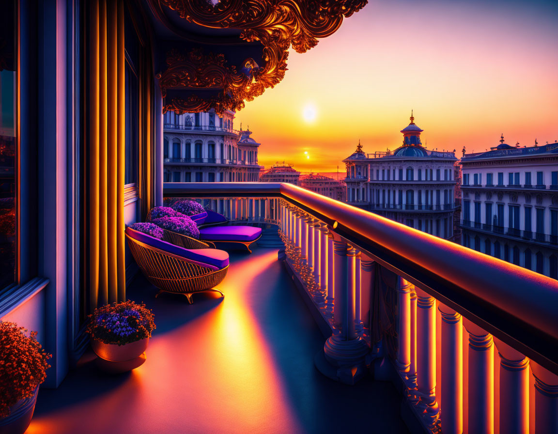 Luxurious balcony with ornate railings and plush seating overlooking classical architecture