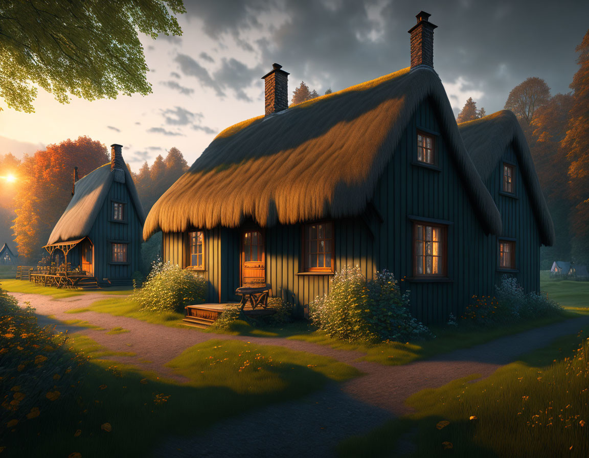 Twilight scene of thatched-roof cottages in lush greenery