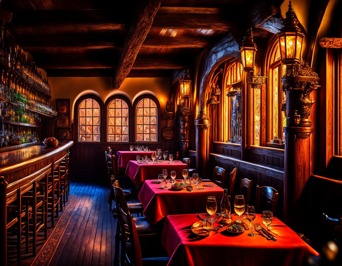 Dimly-lit restaurant with wooden decor, red tablecloths, vintage lanterns, and ar