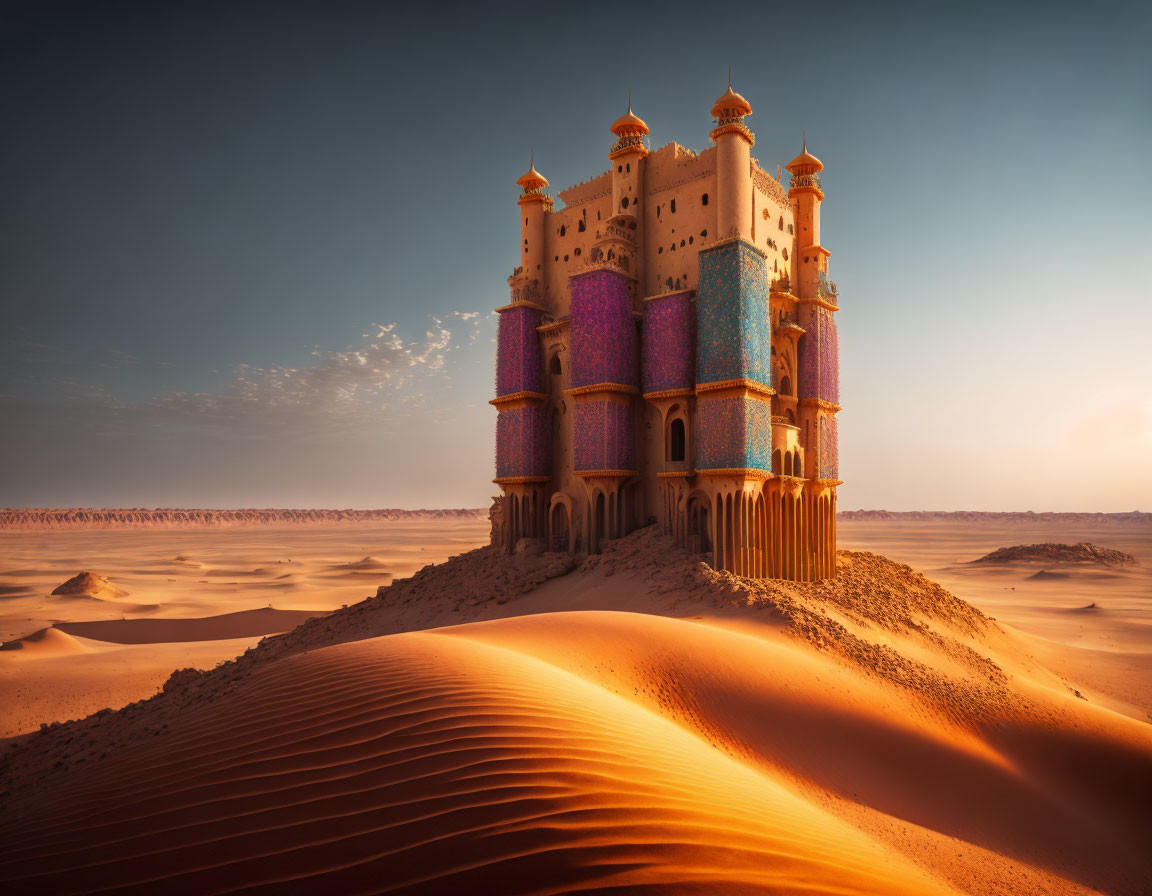 Colorful castle with ornate towers in sand dunes under warm sky