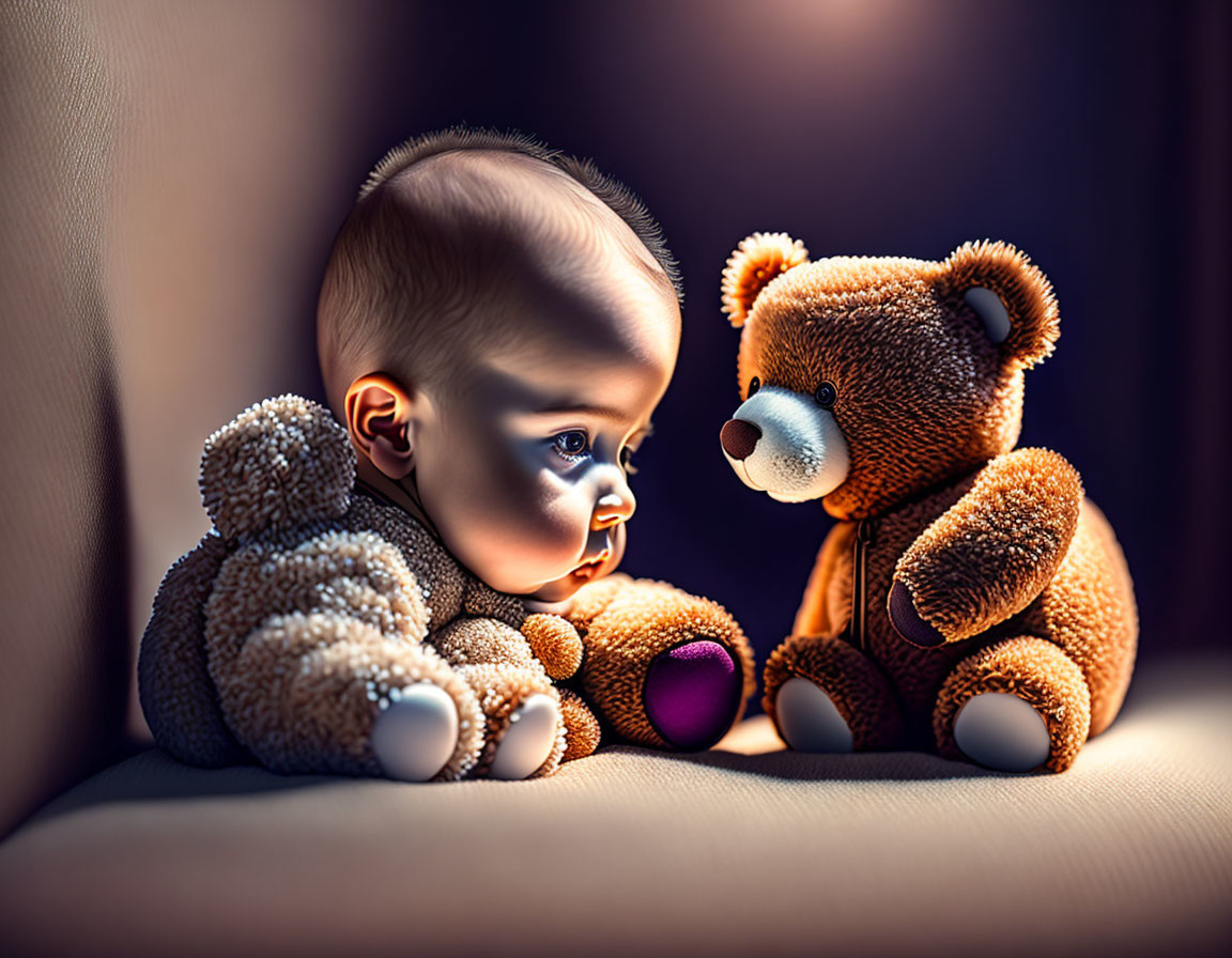 Baby and teddy bear share intimate moment in warmly lit scene