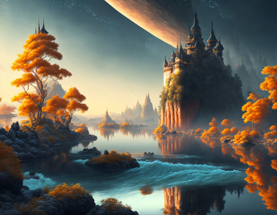 Fantastical landscape with imposing castle, orange trees, river, and massive planet.