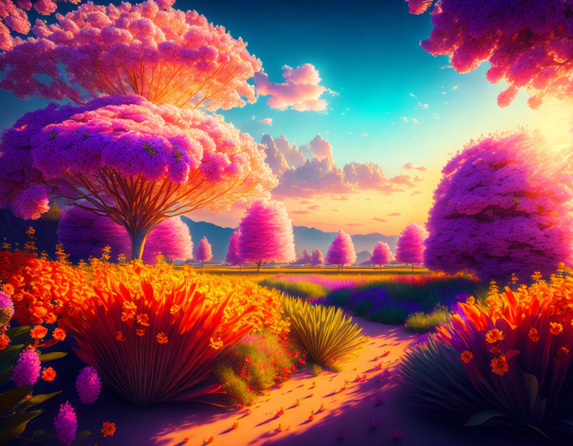 Colorful oversized flora in vibrant fantasy landscape