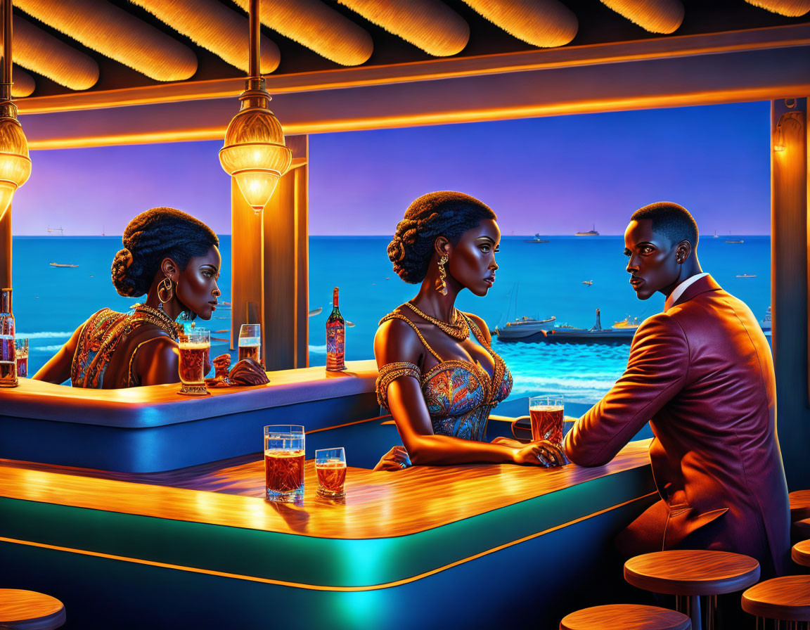 Elegantly dressed individuals conversing at bar with ocean view at twilight