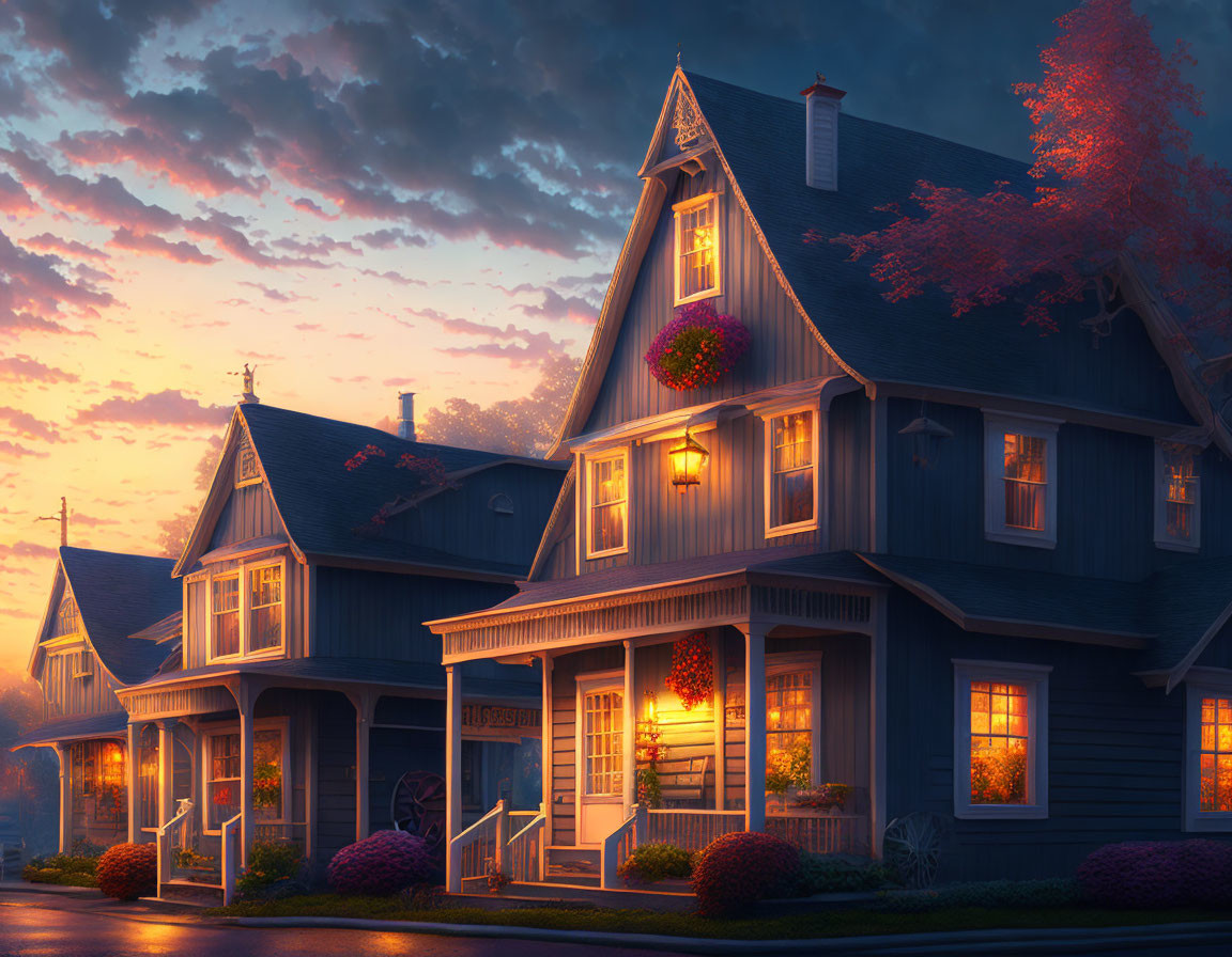 Blue Two-Story House with Glowing Lights and Flower Baskets at Twilight