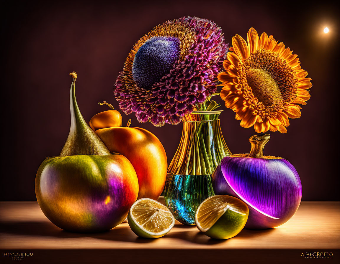 Colorful fruits and flowers in glass vase on dark background