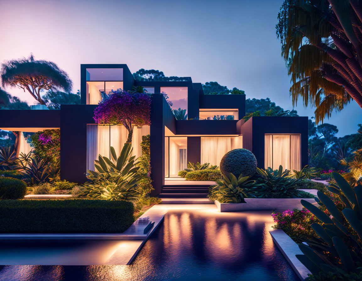 Geometric modern house at dusk with lush landscaping & reflective pool